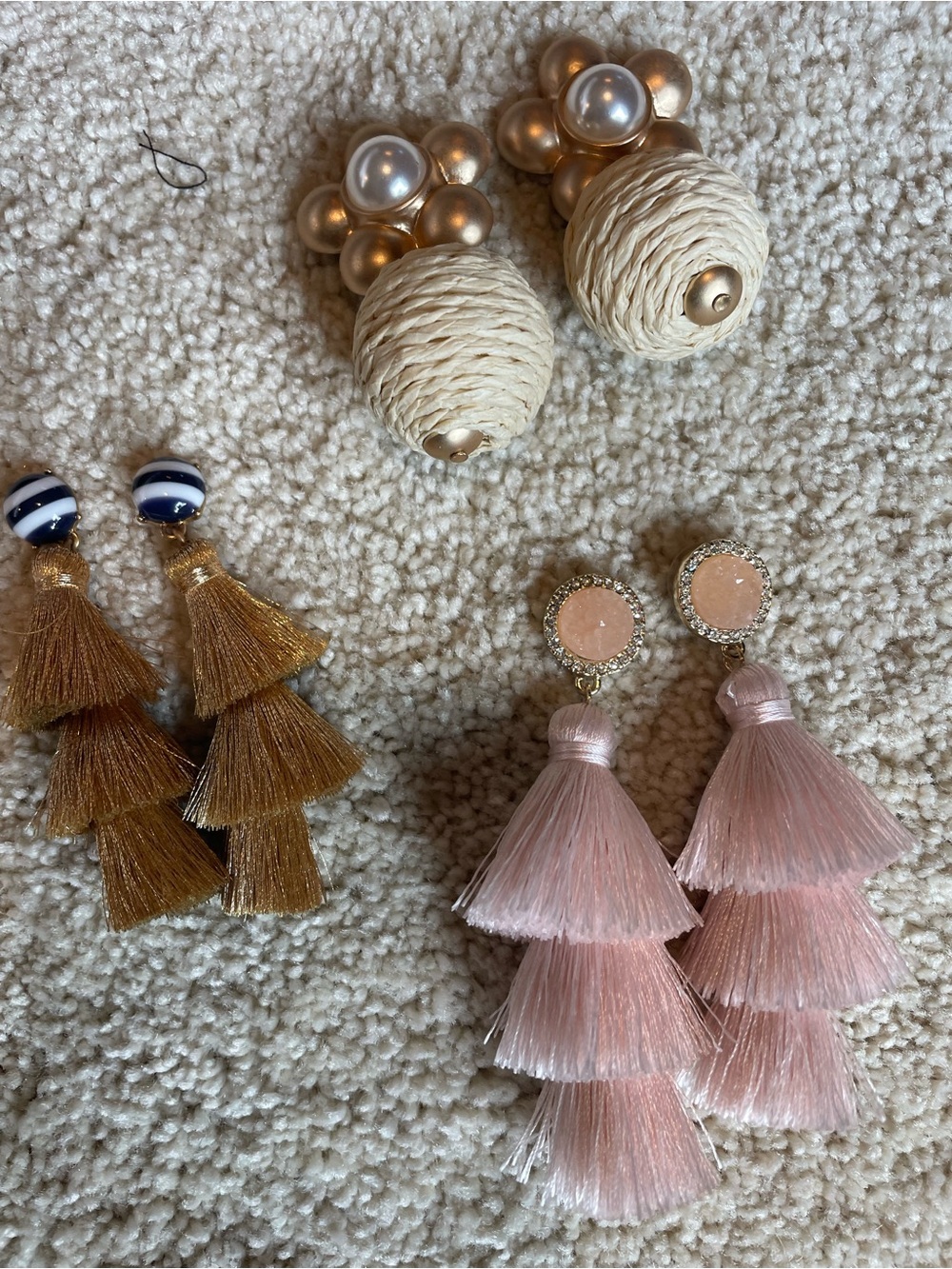 Blush Pink Tiered Tassel Drop Earrings with Rhinestone Accents - Unbranded